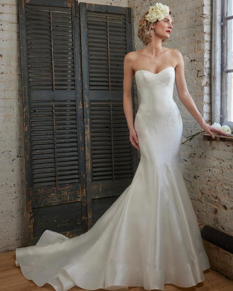 123246 fitted satin wedding dress with overskirt and strapless neckline6